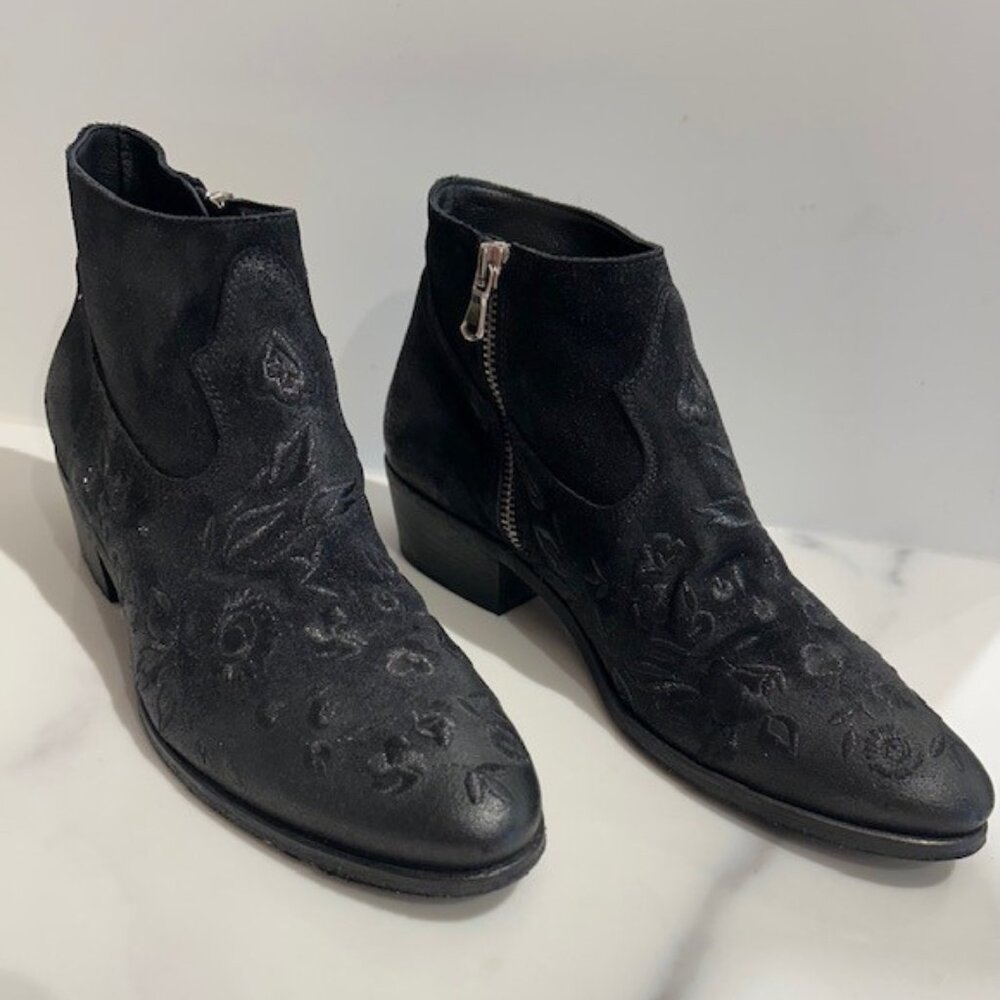 Ladies Strategia Black Suede Embroidered Boot - Size 38